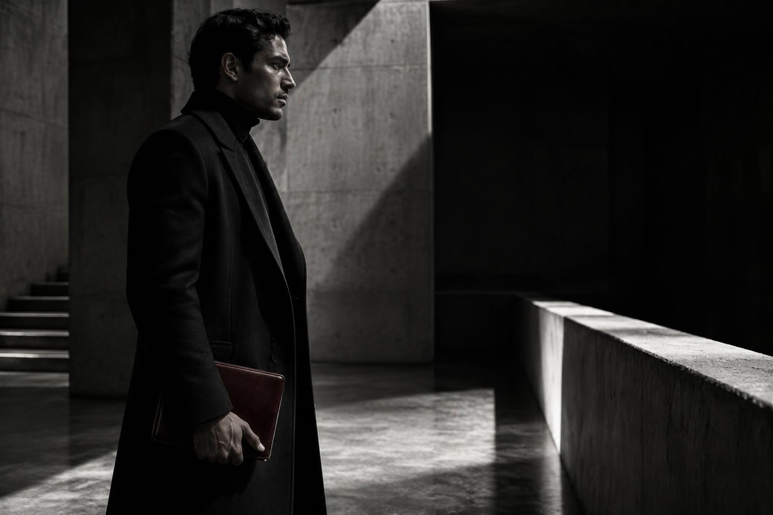 A composed man standing in stark concrete architecture