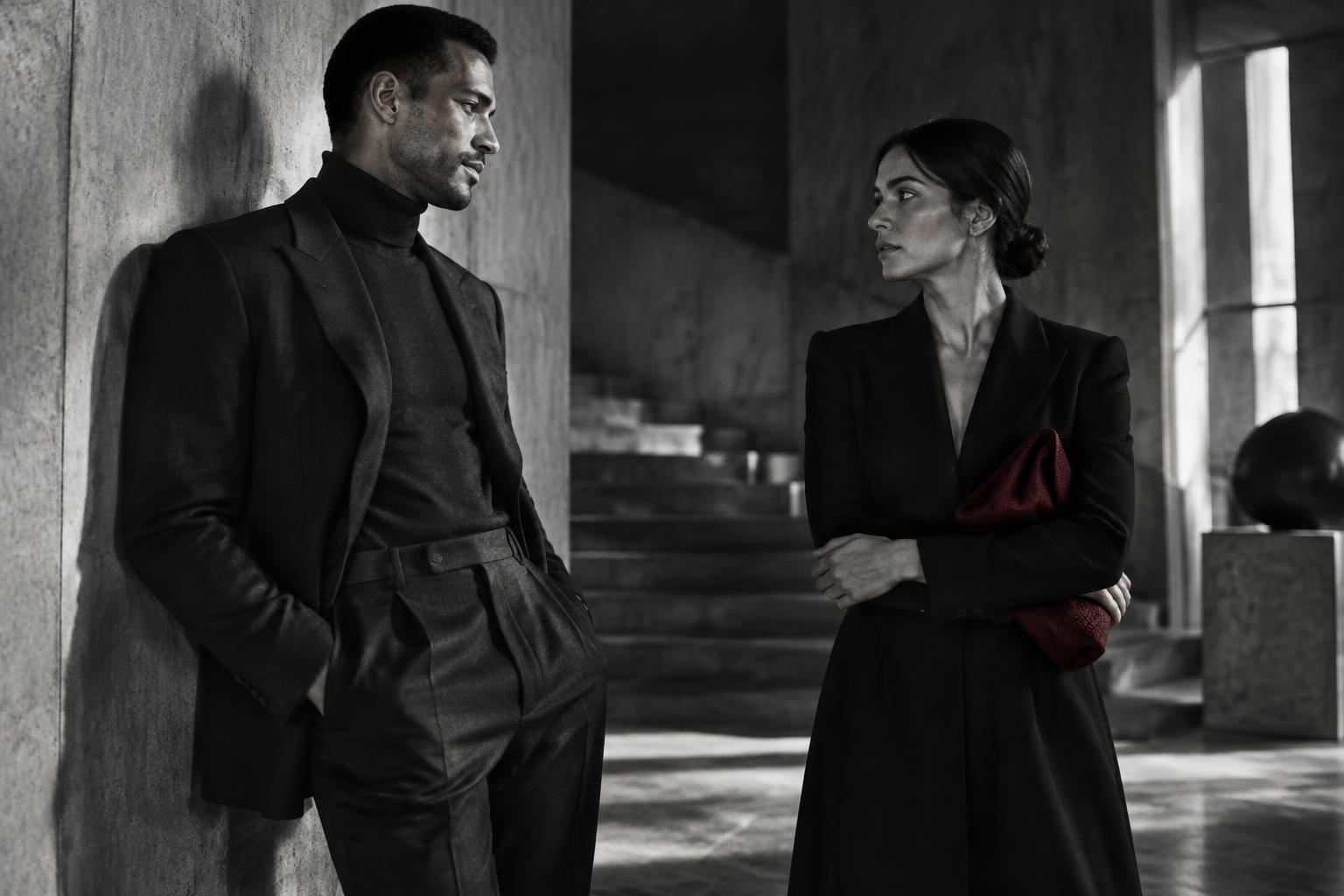 A poised man and woman standing together in a restrained architectural space